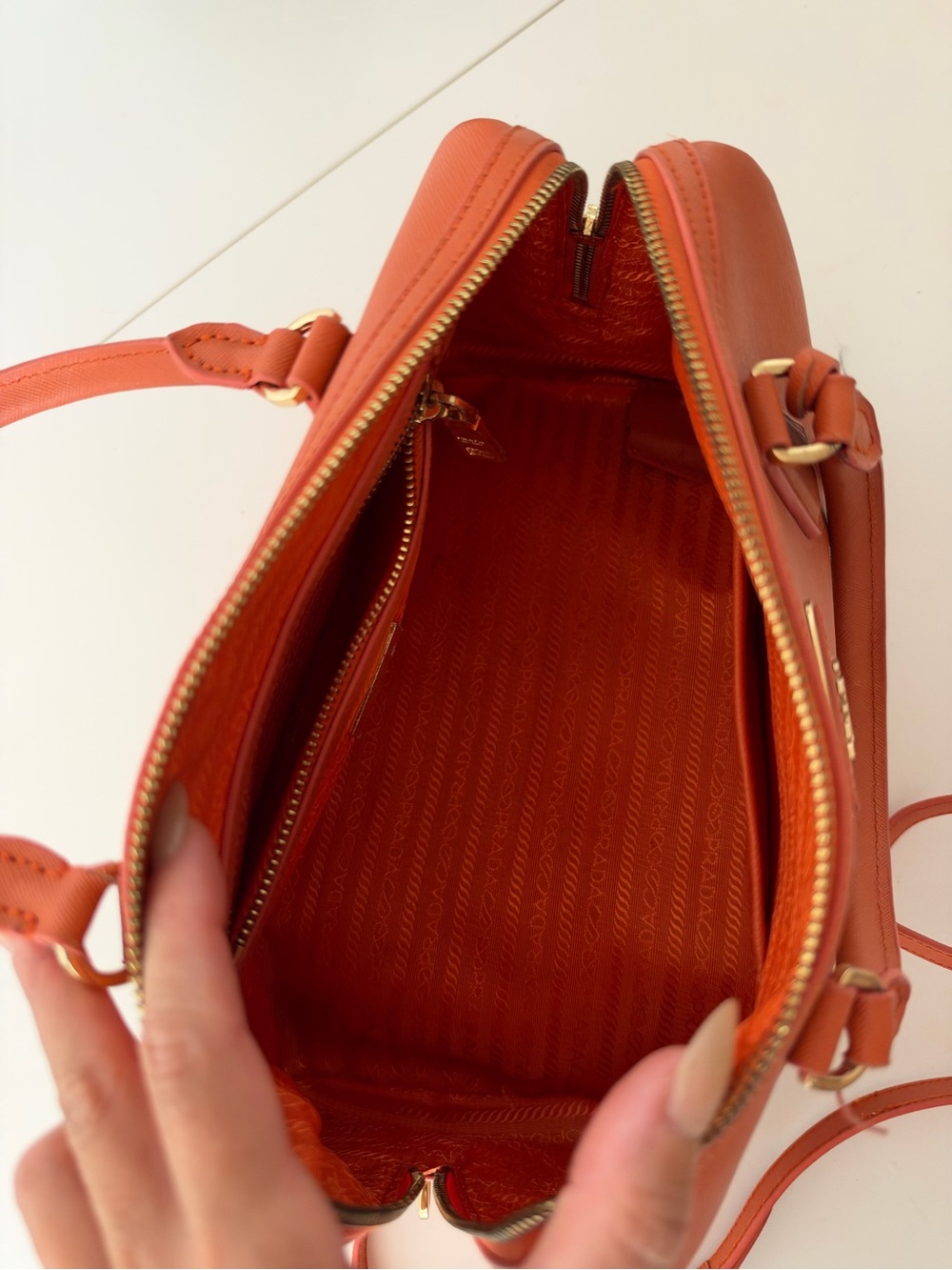 Prada Saffiano Lux Bowler Bag Papaya Orange Leather Top Handle Satchel - Picture 11 of 15